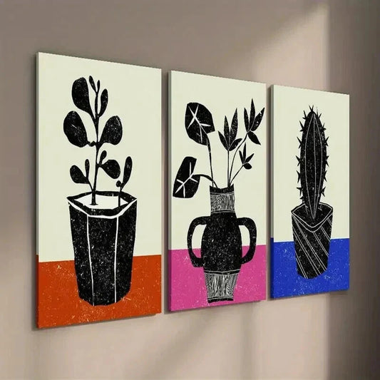 3pcs Botanical Leaf Cactus Silhouette Wall Art Set Canvas Framed 40x60cm - High Quality Print 100% Australian Made Wall Canvas Ready to Hang