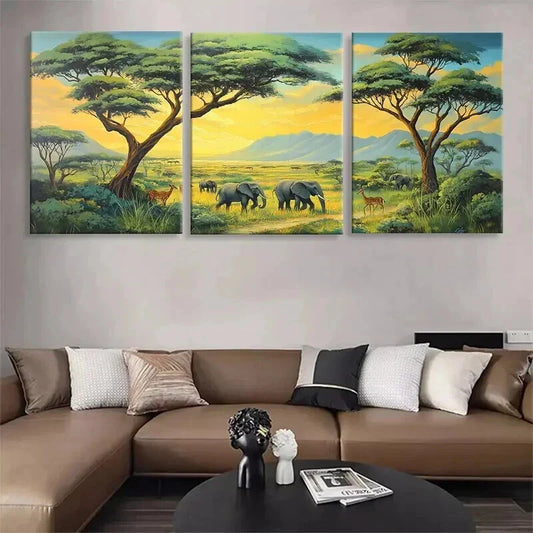3pcs Safari Landscape Wildlife Scene Perfect Wall Art Set Canvas Framed 40x60cm - High Quality Print 100% Australian Made Wall Canvas Ready to Hang