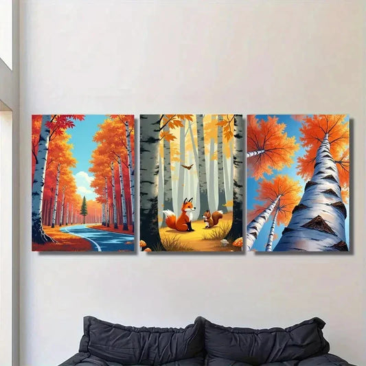 3pcs Autumn Forest Scene Fox and Squirrels Metal Print Ready to Hang Art