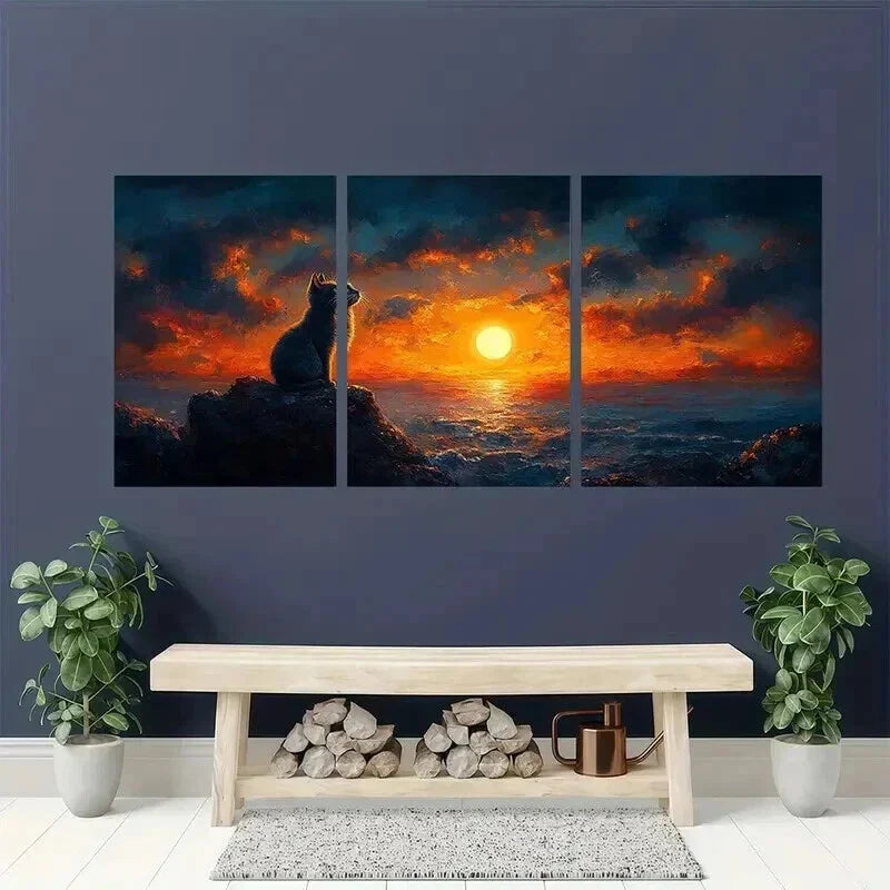 3pcs Sunset Ocean Scene with Black Cat Wall Art Set Canvas Framed 40x60cm - High Quality Print 100% Australian Made Wall Canvas Ready to Hang