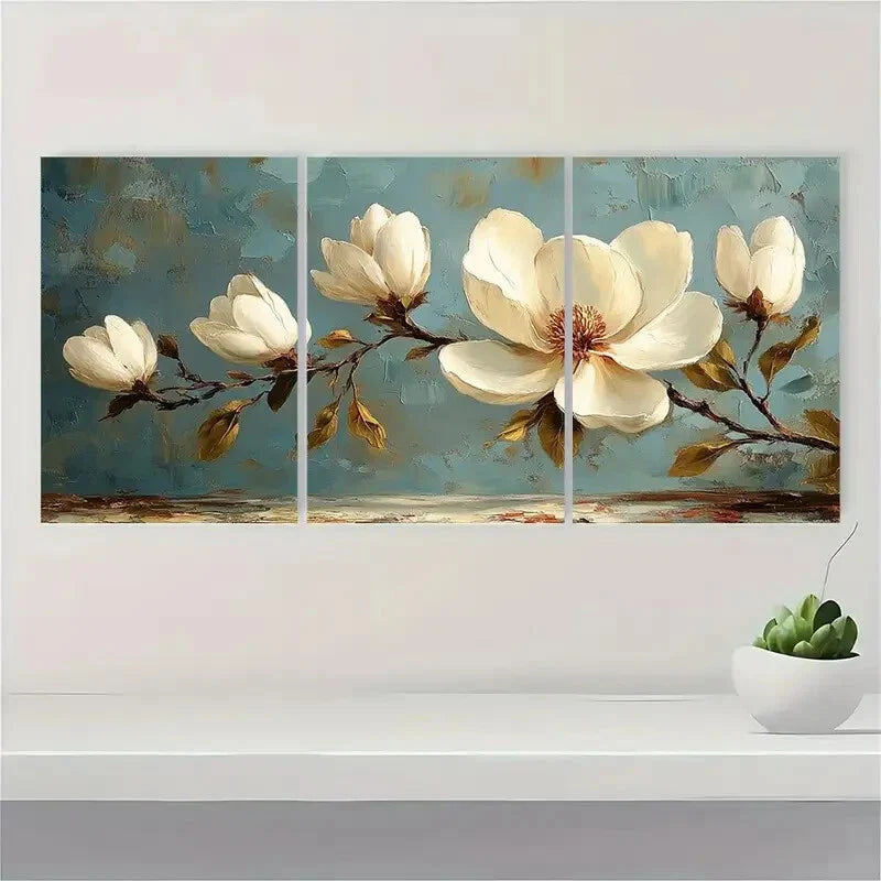 3pcs Abstract Magnolia Flower White Floral Metal Print Ready to Hang Art