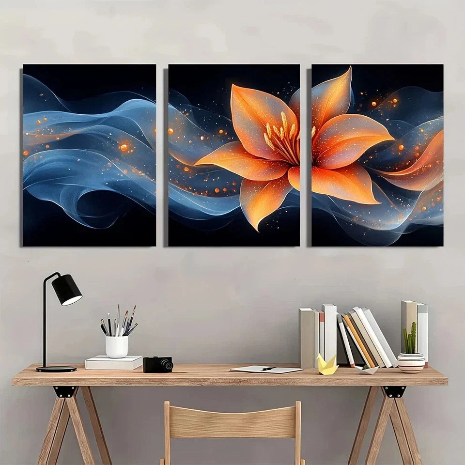 3pcs Vibrant Abstract Lily Petals Blue Orange Metal Print Ready to Hang Art