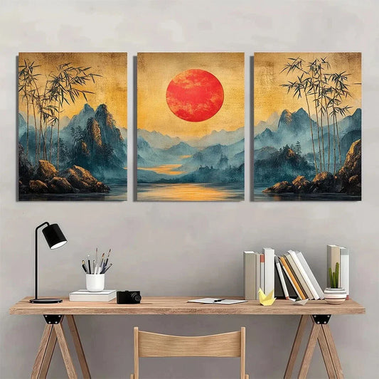 3pcs Abstract Bamboo Golden and Gray Tone Metal Print Ready to Hang Art