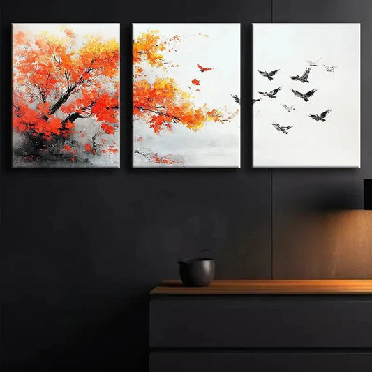 3pcs Colorful Autumn Tree and Birds Theme Wall Art Set Canvas Framed 40x60cm - High Quality Print 100% Australian Made Wall Canvas Ready to Hang
