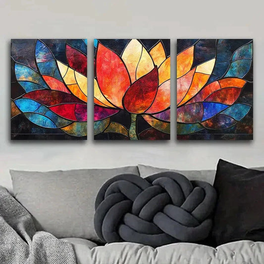 3pcs Vibrant Stained Glass Lotus Flower, Metal Print Ready to Hang Art