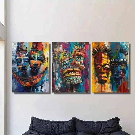 3pcs Abstract Masks Vibrant African Face Wall Art Set Canvas Framed 40x60cm - High Quality Print 100% Australian Made Wall Canvas Ready to Hang