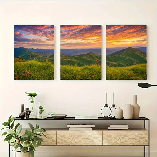 3pcs A Vibrant Sunset Over a Mountainous Metal Print Ready to Hang Art