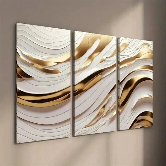 3pcs White And Golden Wave Lines Wall Art Set Canvas Framed 40x60cm - High Quality Print 100% Australian Made Wall Canvas Ready to Hang