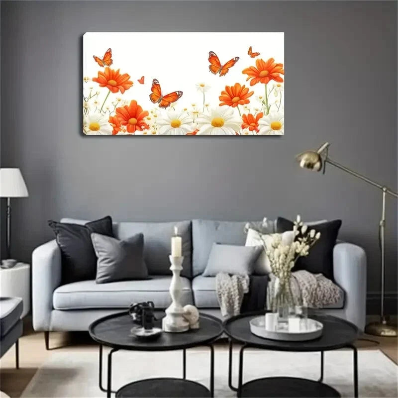 Vibrant Orange & White Daisies Wall Art Canvas Office Home Room Framed 120x60cm