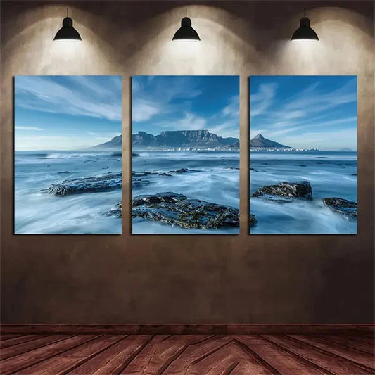 3pcs Rock and Ocean Blue Sky White Clouds Metal Print Ready to Hang Art