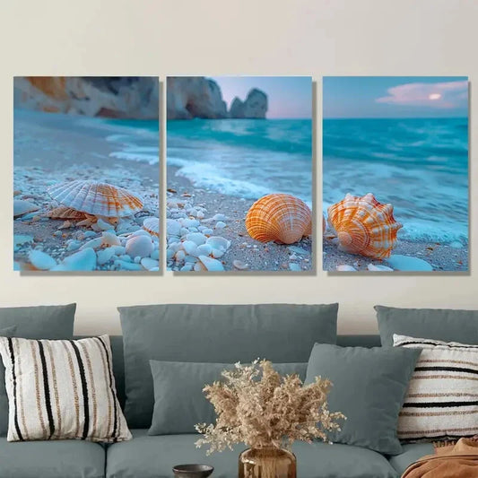 3pcs Coastal Sunset Seascape Beach Seashell Metal Print Ready to Hang Art
