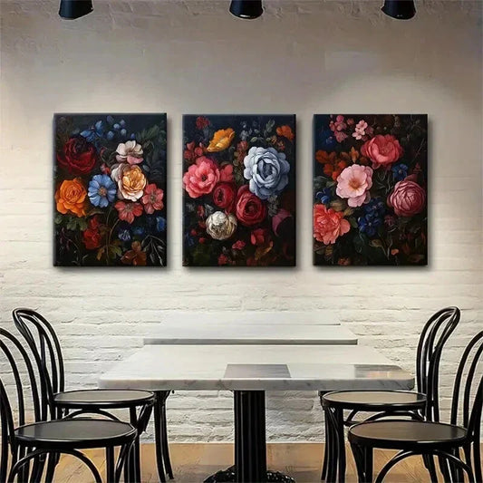 3pcs Floral Bouquet in Rich Hues of Red Perfect Wall Art Set Canvas Framed 40x60cm - High Quality Print 100% Australian Made Wall Canvas Ready to Hang