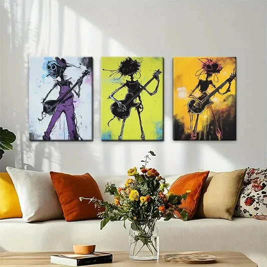 3pcs Funky Guitarist Skeleton Music Perfect Wall Art Set Canvas Framed 40x60cm - High Quality Print 100% Australian Made Wall Canvas Ready to Hang