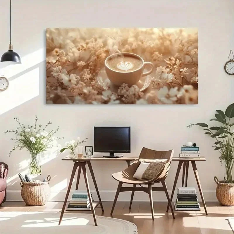Coffee & Floral Warm Steam Wall Art Canvas Office Home Room Framed 120x60cm