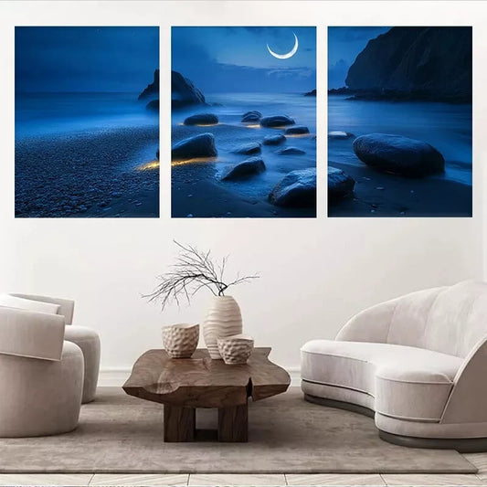 3pcs Tranquil Ocean Shore with Crescent Moon Wall Art Set Canvas Framed 40x60cm - High Quality Print 100% Australian Made Wall Canvas Ready to Hang