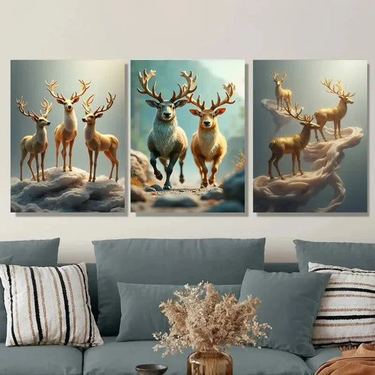 3pcs Elegant Classic Deer Forest Metal Print Ready to Hang Art