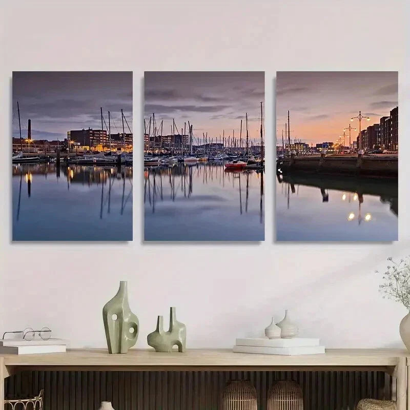3pcs Tranquil Harbor Sunset Serene Marina Metal Print Ready to Hang Art
