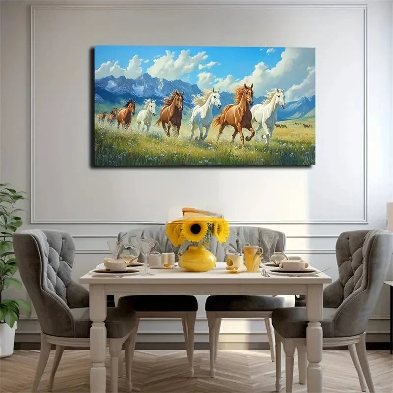 Horses Running In Meadow Wall Art Canvas Office Home Room Framed 80x45cm