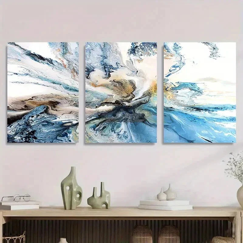 3pcs Blue and Beige Fluid Abstract Swirling Metal Print Ready to Hang Art