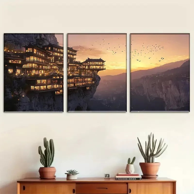 3pcss Cliffside Pagoda - Style Building Wall Art Set Canvas Framed 40x60cm - High Quality Print 100% Australian Made Wall Canvas Ready to Hang