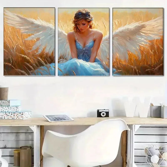 3pcs Ethereal Angel in Wheat Field Triptych Wall Art Set Canvas Framed 40x60cm - High Quality Print 100% Australian Made Wall Canvas Ready to Hang