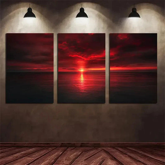 3pcs Red Sunset Ocean Red Clouds Metal Print Ready to Hang Art