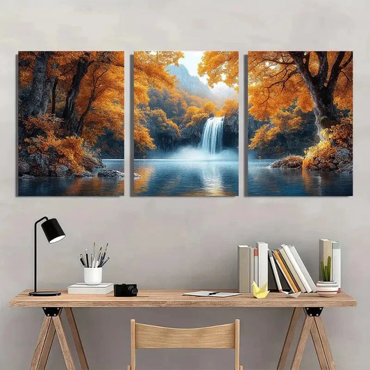 3pcs Waterfall Trees Forest Fall Scenery Metal Print Ready to Hang Art