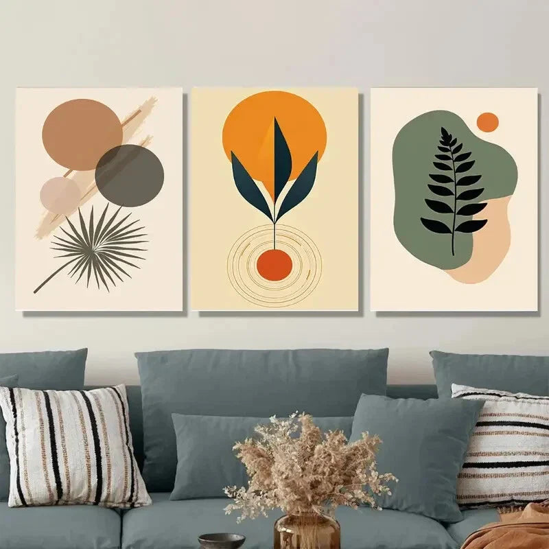 3pcs Modern Abstract Boho Style Orange Metal Print Ready to Hang Art