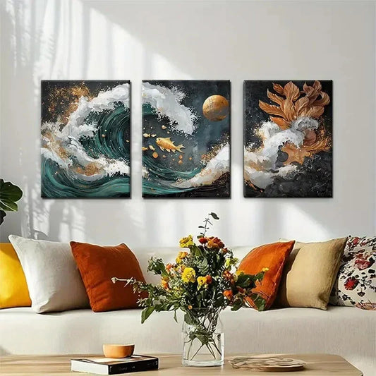3pcs Golden Koi Fish and Ocean Waves Perfect Wall Art Set Canvas Framed 40x60cm - High Quality Print 100% Australian Made Wall Canvas Ready to Hang