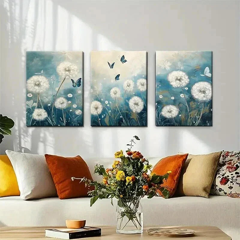 3pcs Blue and White Dandelion and Butterfly Wall Art Set Canvas Framed 40x60cm - High Quality Print 100% Australian Made Wall Canvas Ready to Hang