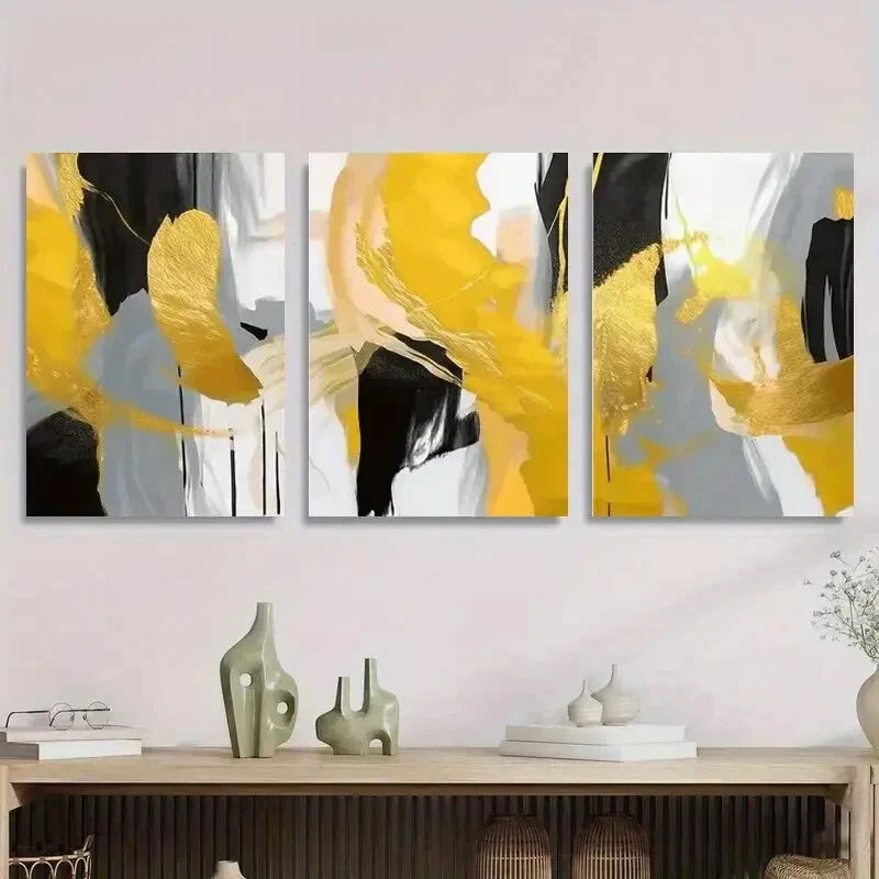 3pcs Abstract Golden and Black Abstract Art Gold Metal Print Ready to Hang Art