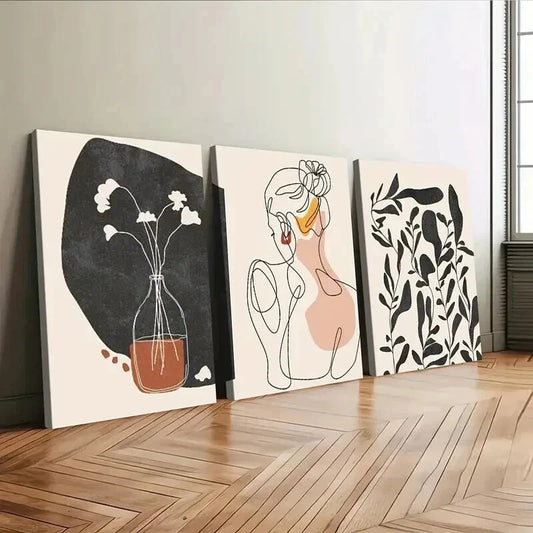 3pcs Abstract Single Line Girl Silhouette Floral Wall Art Set Canvas Framed 40x60cm - High Quality Print 100% Australian Made Wall Canvas Ready to Hang