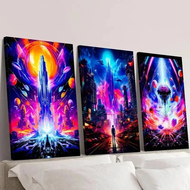 3pcs Neon Sci-Fi Universe Planet & Future Wall Art Set Canvas Framed 40x60cm - High Quality Print 100% Australian Made Wall Canvas Ready to Hang
