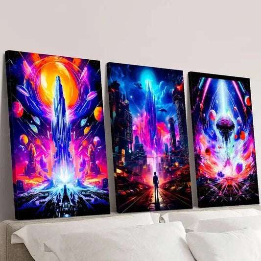 3pcs Neon Sci-Fi Universe Planet & Future Wall Art Set Canvas Framed 40x60cm - High Quality Print 100% Australian Made Wall Canvas Ready to Hang