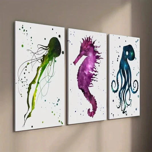 3pcs Colorful Starry Sky with Jellyfish Seahorse Wall Art Set Canvas Framed 40x60cm - High Quality Print 100% Australian Made Wall Canvas Ready to Hang