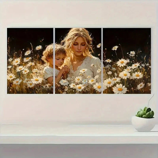 3pcs Mother & Youngsters Daisy Field Scene Metal Print Ready to Hang Art