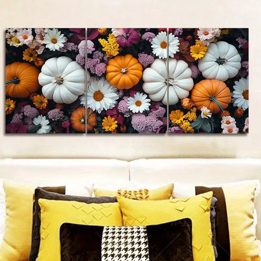 3pcss Art Deco Style Pumpkin and Floral Wall Art Set Canvas Framed 40x60cm - High Quality Print 100% Australian Made Wall Canvas Ready to Hang