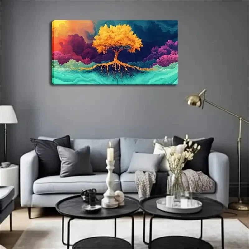 Golden Tree with Vibrant Color Wall Art Canvas Office Home Room Framed 80x45cm