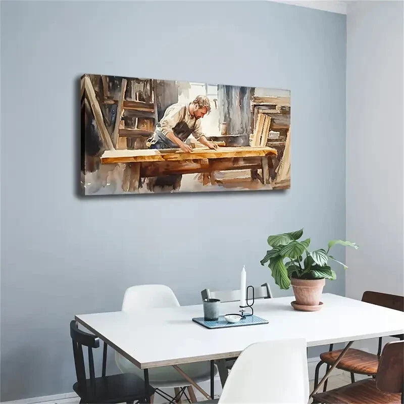 Handcrafted Woodworking Scene Wall Art Canvas Office Home Room Framed 120x60cm