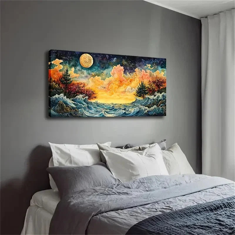 Golden Moon In Starry Sky Wall Art Canvas Office Home Room Framed 120x60cm