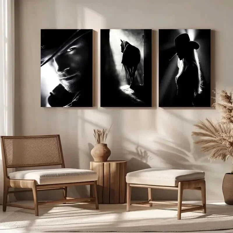 3pcs Western Black and White Cowboy Cowgirl Metal Print Ready to Hang Art
