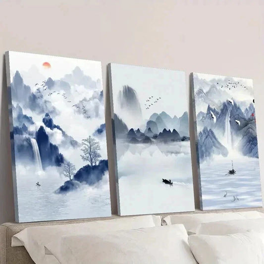 3pcs Sky Blue Boat Water & Mountain Landscape Wall Art Set Canvas Framed 40x60cm - High Quality Print 100% Australian Made Wall Canvas Ready to Hang