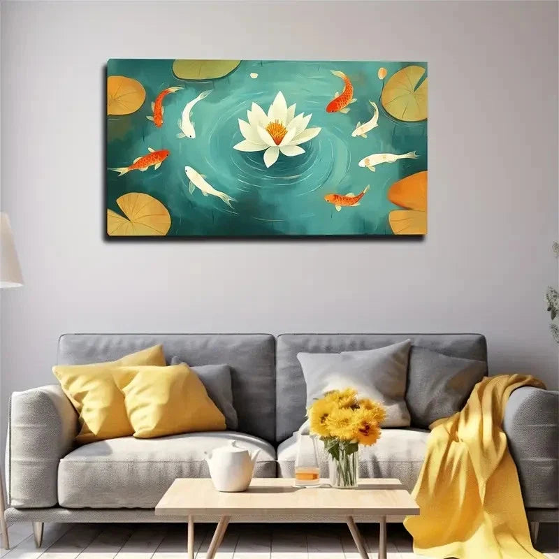 Lotus With Colorful Koi Fish Wall Art Canvas Office Home Room Framed 80x45cm