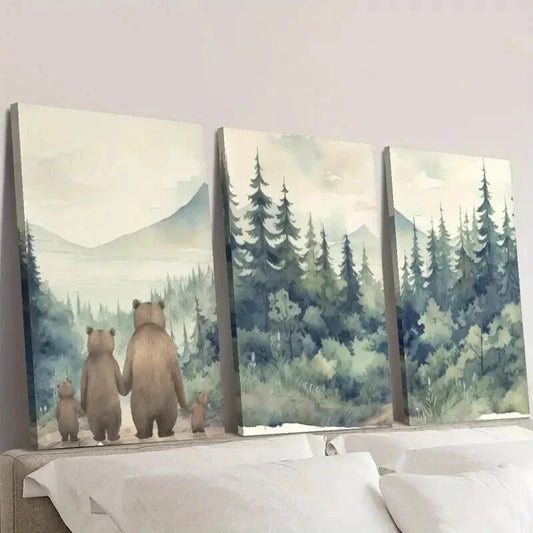 3pcs Bear Family in Forest Portrait Decor Wall Art Set Canvas Framed 40x60cm - High Quality Print 100% Australian Made Wall Canvas Ready to Hang