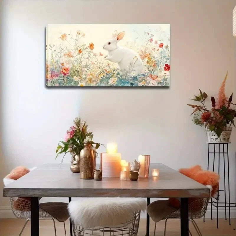 Bunny in Flower Field Realistic Wall Art Canvas Office Home Room Framed 120x60cm