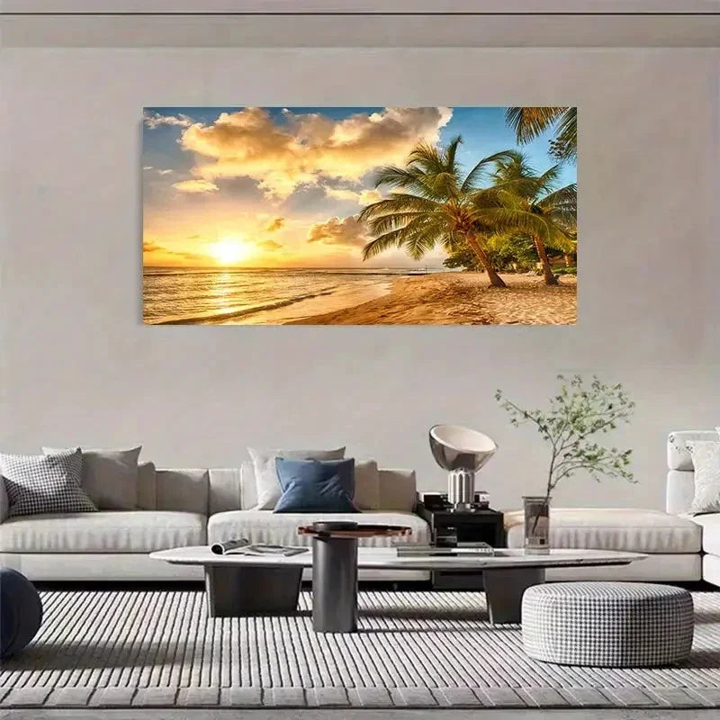 Tropical Beach Sunset With Palm Wall Art Canvas Office Home Room Framed 120x60cm