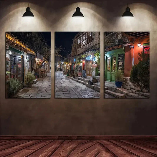 3pcs Water Town Night View Trees Metal Print Ready to Hang Art