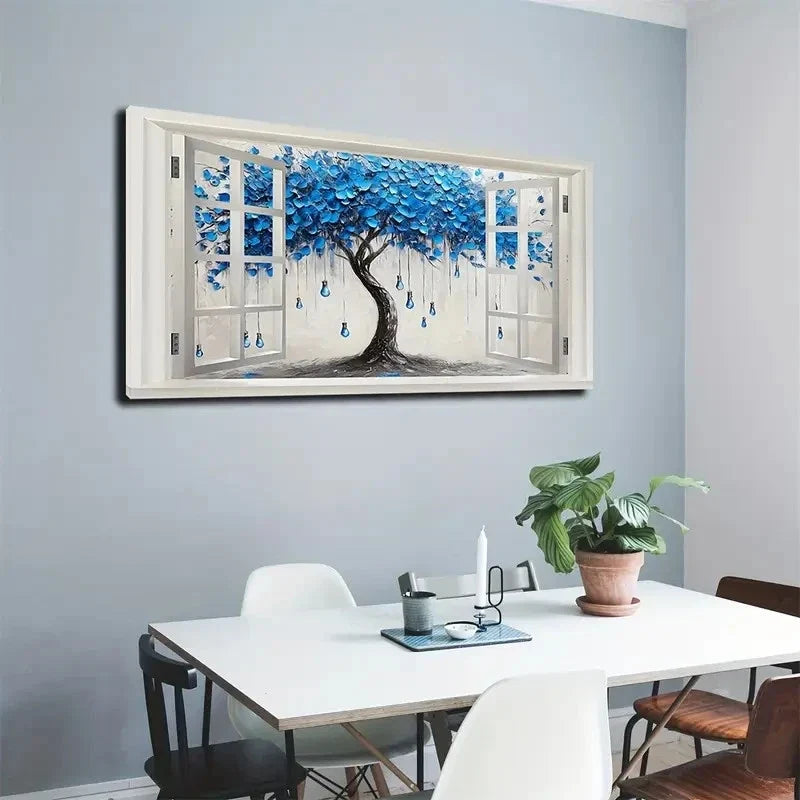 Big Blue Tree With Light Bulbs Wall Art canvas office home room framed 120x60cm