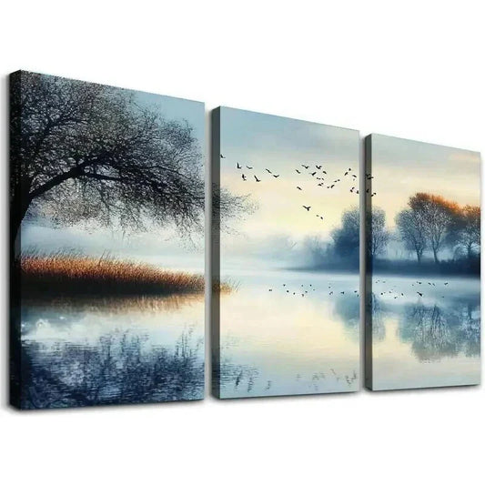 3pcs Serene Sunrise Lake & Misty Morning Wall Art Set Canvas Framed 40x60cm - High Quality Print 100% Australian Made Wall Canvas Ready to Hang