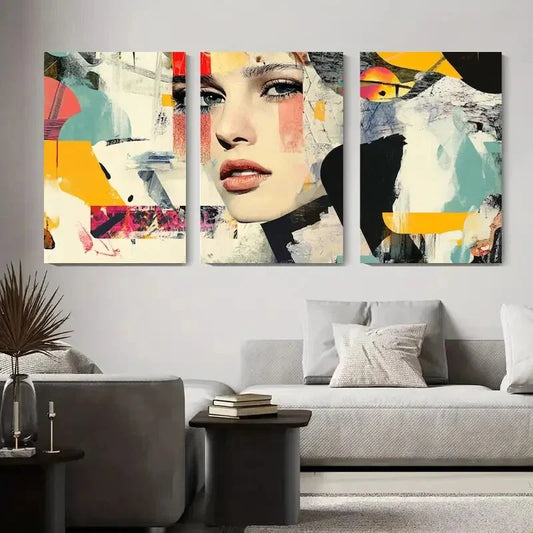 3pcs Colorful Geometric Shapes with Female Face Metal Print Ready to Hang Art